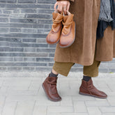 Retro Genuine Soft Flat Boots Round Toe Mori Girl Style Brown/Coffee