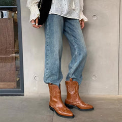 Womens Contrasting Embroidery Western Boots Cowboy Boots Short Boots