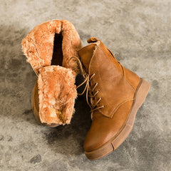 Botas cortas de nieve con cordones y forro de piel de oveja encerada para invierno