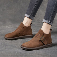 Women's Ankle Boots Round Toe Retro Flat Shoes Casual Buckle Boots Khaki/Coffee