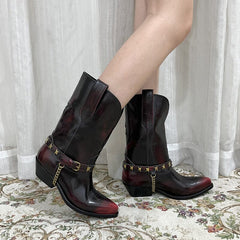 Bestickte Westernstiefel aus Wildleder, wadenlange Stiefel mit Blockabsatz – grau/rote Cowgirlstiefel, komplett aus echtem Leder