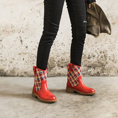 Gewebte Stiefel, wadenlang, Colorblocking-Design, Cowgirlstiefel