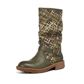 Woven Boots Mid Calf Color Blocking Design Riding Boots