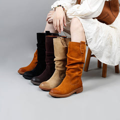 Designer Suede Knee High Boots Fold Design Riding Boots