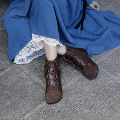 Echte weiche flache Retro-Stiefel mit runder Zehenpartie und Schnürung im Mori-Girl-Stil, weite Passform, Schwarz