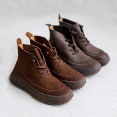 Handgemachte echte Martin-Stiefel, Schnürstiefeletten, Retro-Klobige Stiefeletten, Grau/Kaffee