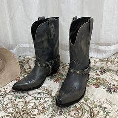 Bestickte Westernstiefel aus Wildleder, wadenlange Stiefel mit Blockabsatz – grau/rote Cowgirlstiefel, komplett aus echtem Leder