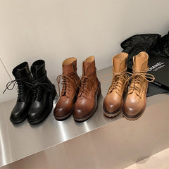 Cow Combat Boots Designer Retro Chunky Lace up Boots Back Zip Brown/Black