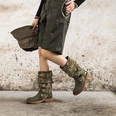 Gewebte Stiefel, wadenlang, Reitstiefel mit Farbblockdesign