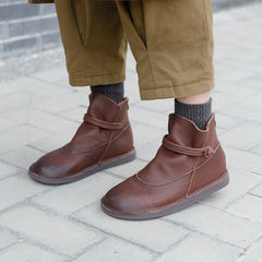 Retro Echte Weiche Flache Stiefel Runde Zehe Mori Girl Stil Braun/Kaffee