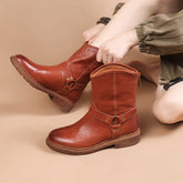 Belted Western boots Chunky Heel Short Boots Back Zip Black /Coffee/Brown