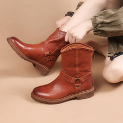 Westernstiefel mit Gürtel, Blockabsatz, kurze Stiefel, Reißverschluss hinten, Schwarz/Kaffee/Braun