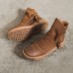 Weiche Retro-Stiefeletten aus Rindsleder mit dicker Sohle Schwarz/Kaffee