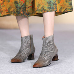 Botines de tacón de gatito suaves y arrugados hechos a mano con cremallera lateral