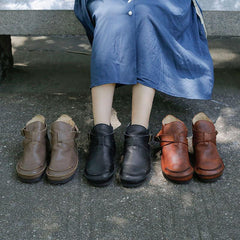 Retro Echte weiche flache Stiefel Runde Zehenschnalle Mori Girl Style Wide Fit Braun/Schwarz/Khaki