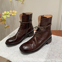 Handgemachte modische Martin-Stiefel, echte Oxford-Schnürschuhe, runde Zehenpartie, klobige Stiefeletten mit Reißverschluss hinten, Schwarz/Braun