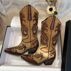 Damen Westernstiefel mit Stickerei und Nietenverzierung - Braune Cowgirlstiefel aus echtem Leder