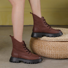 Handmade Genuine Biker Boots Lace-Up Combat Boots Retro Chunky Ankle Boots Coffee/Khaki
