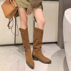 Botas altas hasta la rodilla de ante con bordado occidental para mujer, tacón de bloque, negro/marrón
