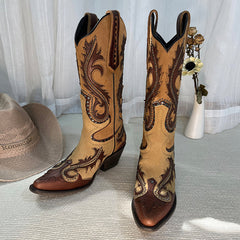 Damen Westernstiefel mit Stickerei und Nietenverzierung - Braune Cowgirlstiefel aus echtem Leder