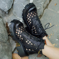 Handgemachte echte ausgehöhlte Stiefel Sommer Martin Stiefel Seitlicher Reißverschluss klobige Absätze Schwarz/Braun