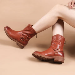 Westernstiefel mit Gürtel, Blockabsatz, kurze Stiefel, Reißverschluss hinten, Schwarz/Kaffee/Braun