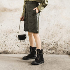 Botas de combate de grano completo hechas a mano, botas de montar gruesas de diseño retro, color café, marrón, negro y gris.