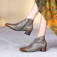 Botines de punta fina con tacón de gatito suave hechos a mano y cremallera lateral