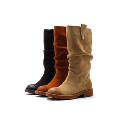 Designer Suede Knee High Boots Fold Design Riding Boots