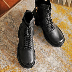 Botas de motociclista con cordones, botas de combate, botas cortas retro, tacón de bloque de 60 mm