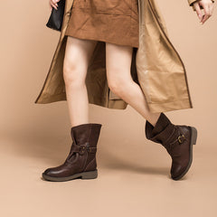 Damen Retro Halbhohe Stiefel für den Winter Schnallenstiefel Kaffee/Braun/Schwarz