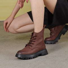 Handmade Genuine Biker Boots Lace-Up Combat Boots Retro Chunky Ankle Boots Coffee/Khaki