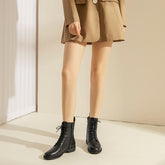 Ankle Boots Genuine Cow Waxing Round Toe Lace Up Zip Fashion Motorcycle Female Shoes Handmade