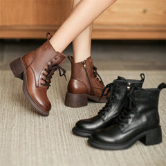 Echte Stiefeletten Stiefel Reißverschluss Runde Zehe Prägnante Retro Damen Stiefel