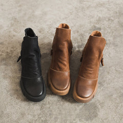 Weiche Retro-Stiefeletten aus Rindsleder mit dicker Sohle Schwarz/Kaffee