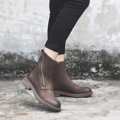 Retro-Stiefeletten mit dicker Sohle aus Vollnarbenleder Schwarz/Kaffee