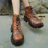 Handgemachte echte ausgehöhlte Stiefel Sommer Martin Stiefel Seitlicher Reißverschluss klobige Absätze Schwarz/Braun