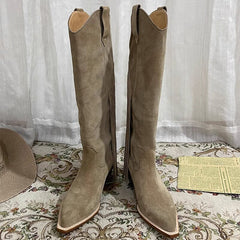 Botas altas de ante para mujer, tacón de bloque de 65 mm, con borlas, estilo vaquero
