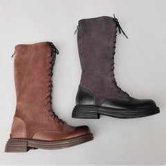 Handgemachte kniehohe Stiefel mit Schnürung, Big Toe Splicing Design, Reitstiefel, Schwarz/Braun