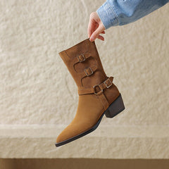 Damen-Stiefel aus Wildleder mit mittelhohem Absatz, 45 mm, mit Schnallendetail