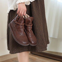 Retro Echte Weiche Flache Stiefel Runde Zehe Mori Girl Stil Braun/Kaffee