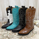 Womens Contrasting Embroidery Western Boots Mid Calf Cowboy Boots
