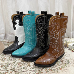 Botas vaqueras de media pantorrilla con bordado en contraste para mujer