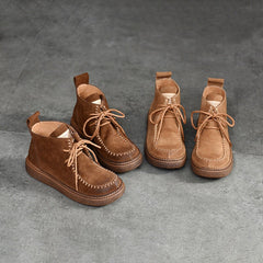 Botines planos con cordones y punta redonda para mujer, hechos a mano