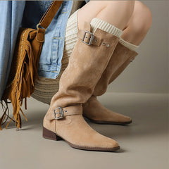 Kniehohe Wildlederstiefel für Damen mit Schnallen