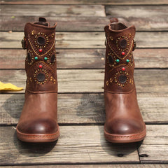 Botines retro con remaches, cómodos para caminar, punta redonda, color café