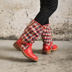 Gewebte Stiefel, wadenlang, Reitstiefel mit Farbblockdesign