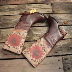 Botas altas hasta la rodilla hechas a mano, botas de motociclista de tacón de bloque, flores retro