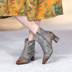 Botines de tacón de gatito suaves y arrugados hechos a mano con cremallera lateral