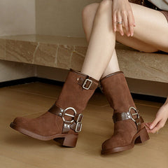 Botas cortas de gamuza, botas con hebilla y punta redonda grande